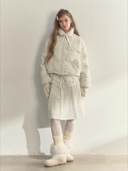 Floral Corduroy Puffer Jacket &amp; Pleated Skirt Set