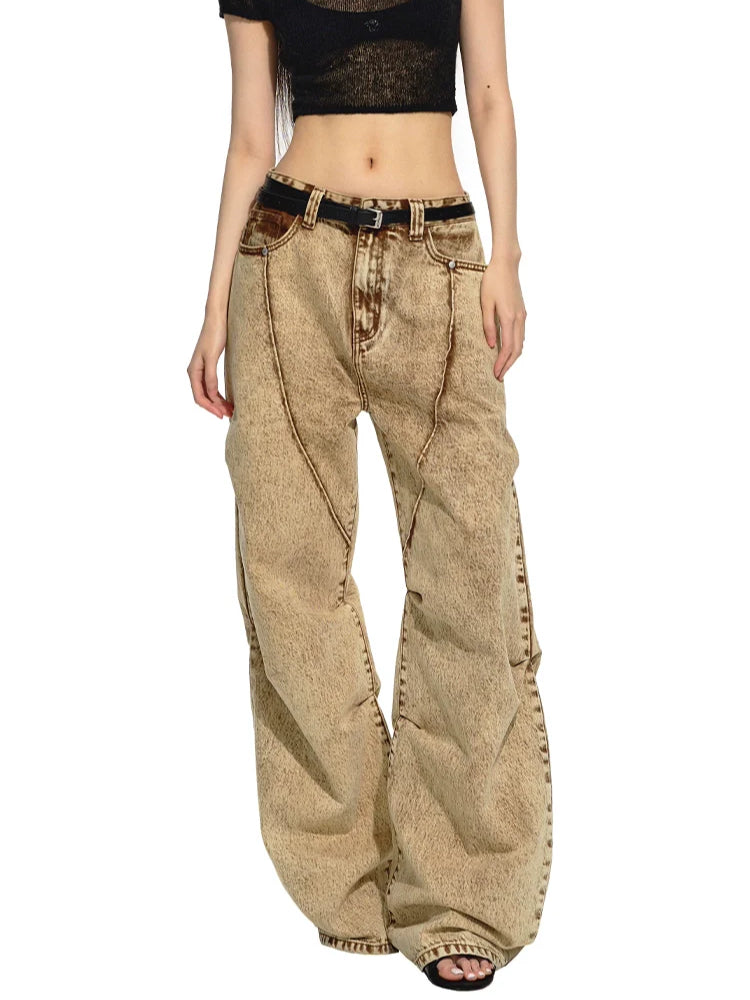 Brown Retro Loose-fit Wide-leg Jeans