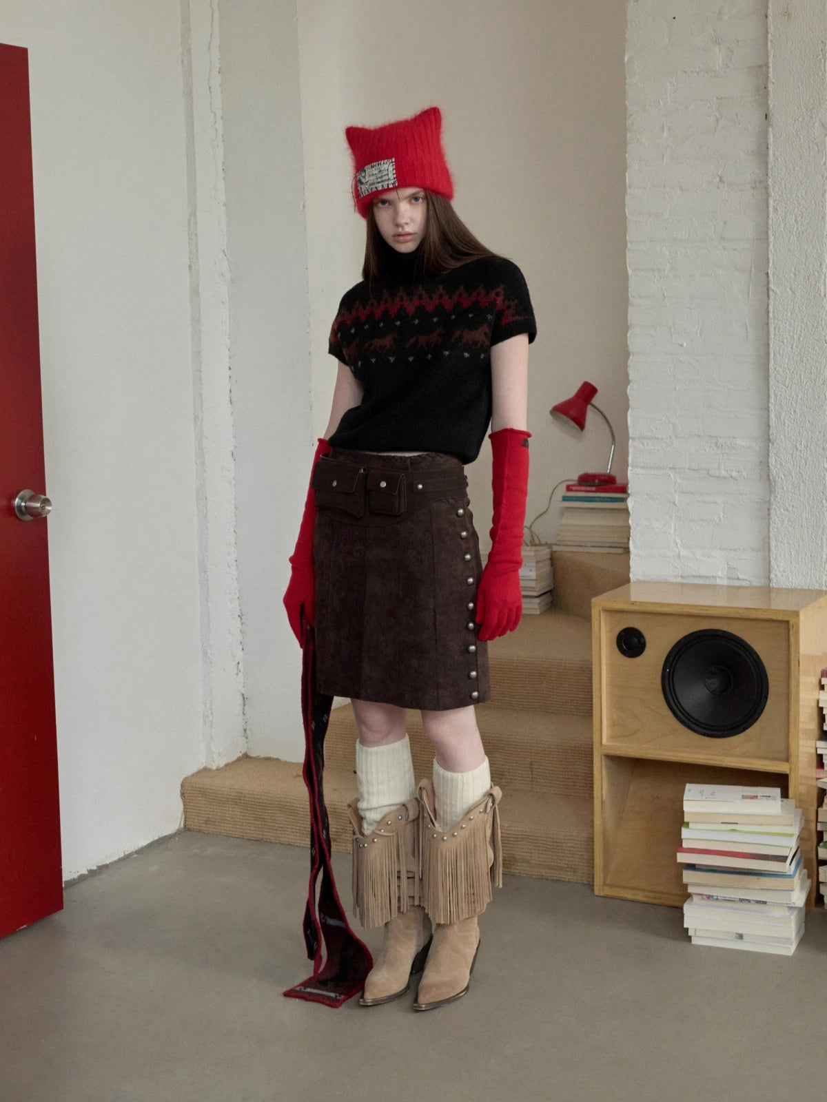 Suede Studded High-Waist Midi Skirt