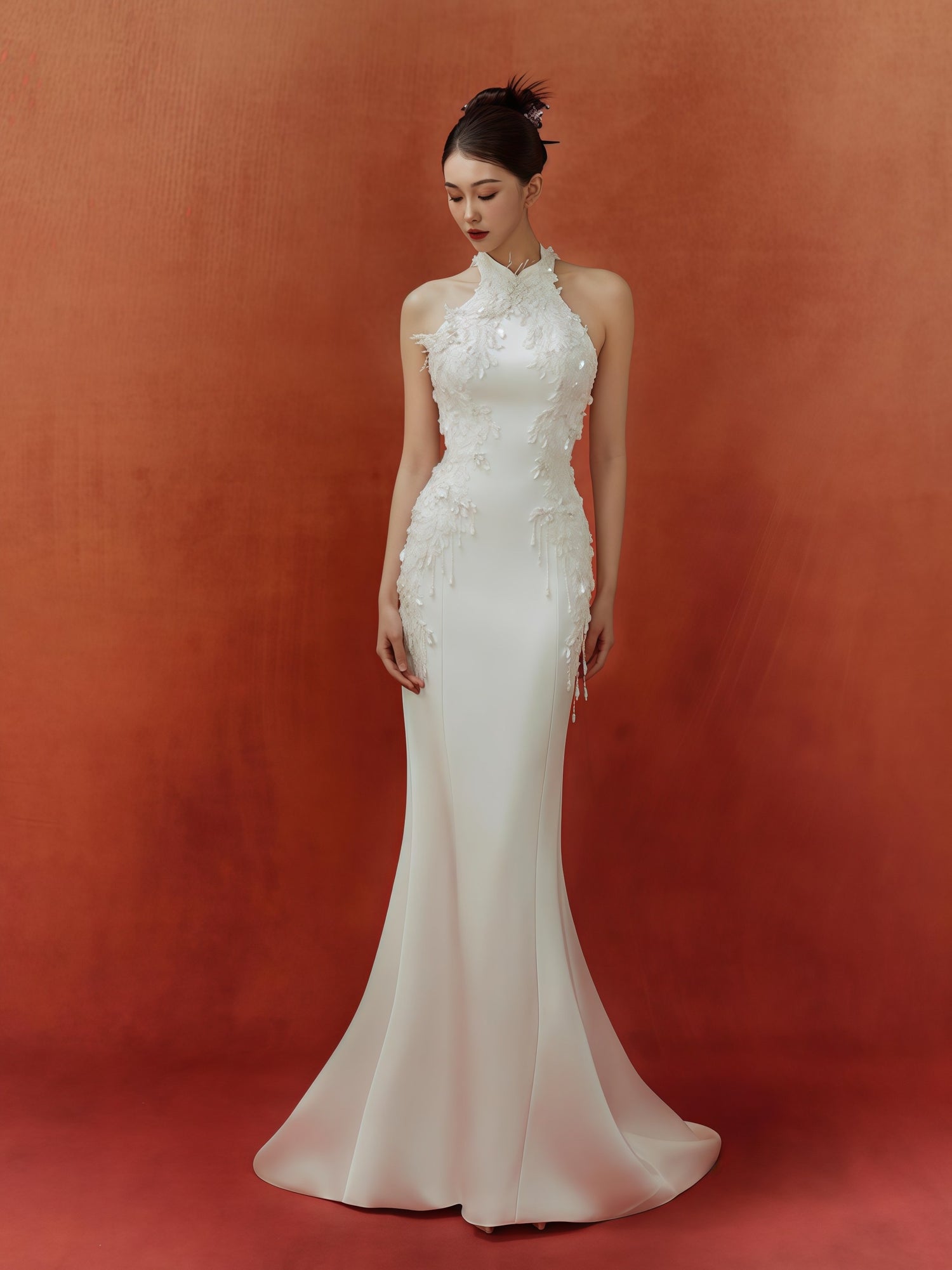 Ivory Illusion Embroidered Halter Mermaid Gown