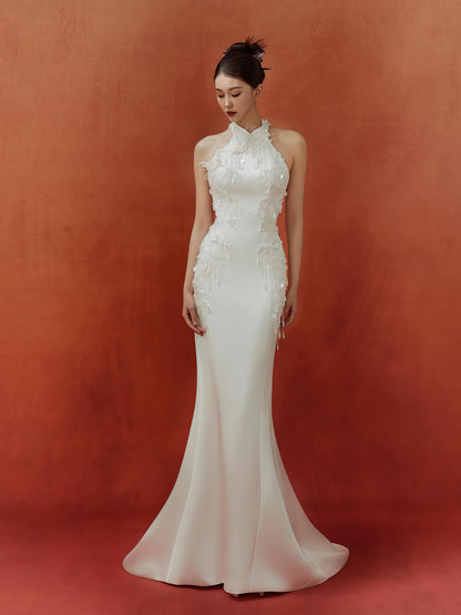 Ivory Illusion Embroidered Halter Mermaid Gown
