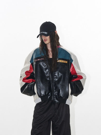 Color-Block Embroidered Moto Padded Jacket