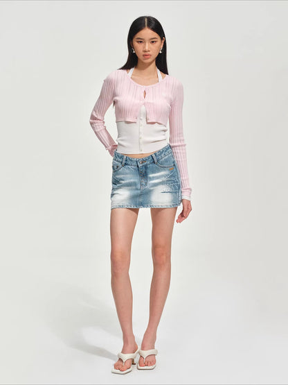 Faux Layered Slim-Fit Knit Cardigan