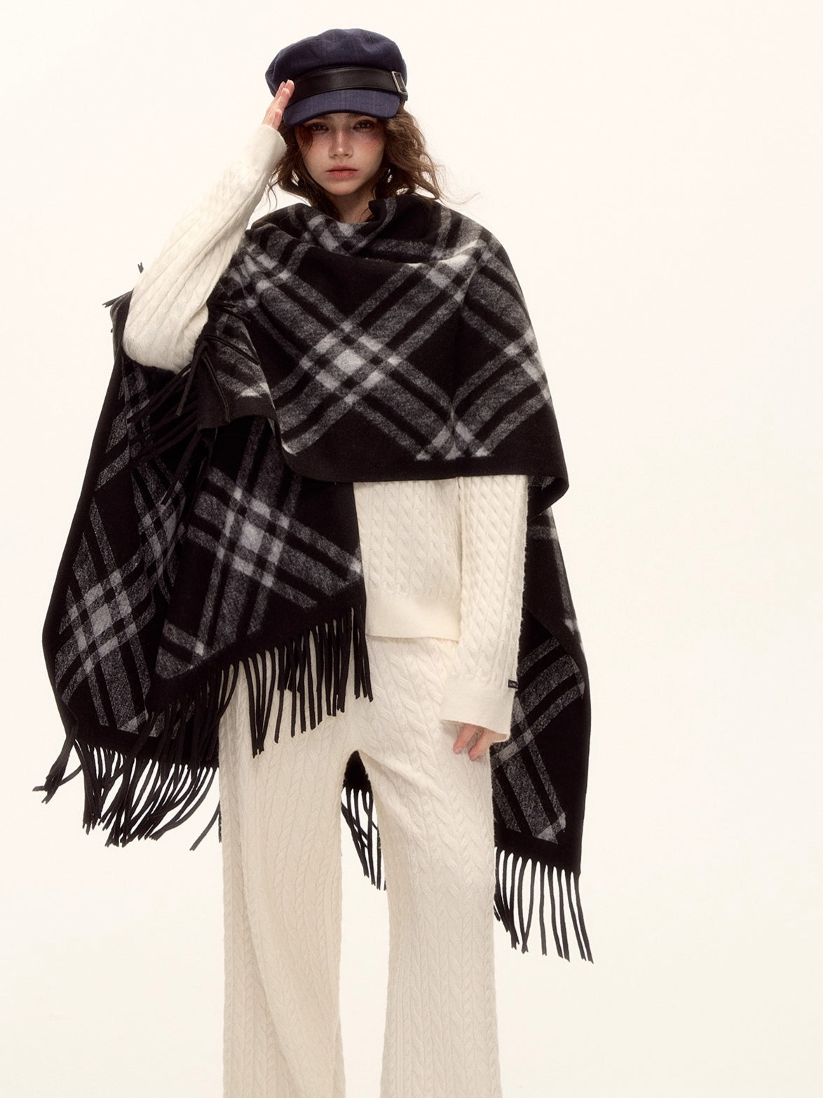 Vintage Plaid Tassel Cape Scarf