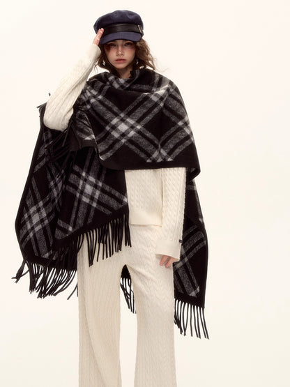 Vintage Plaid Tassel Cape Scarf
