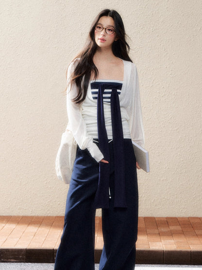 Striped Corset Tube Top &amp; Sheer Pullpver Set - CHINASQUAD
