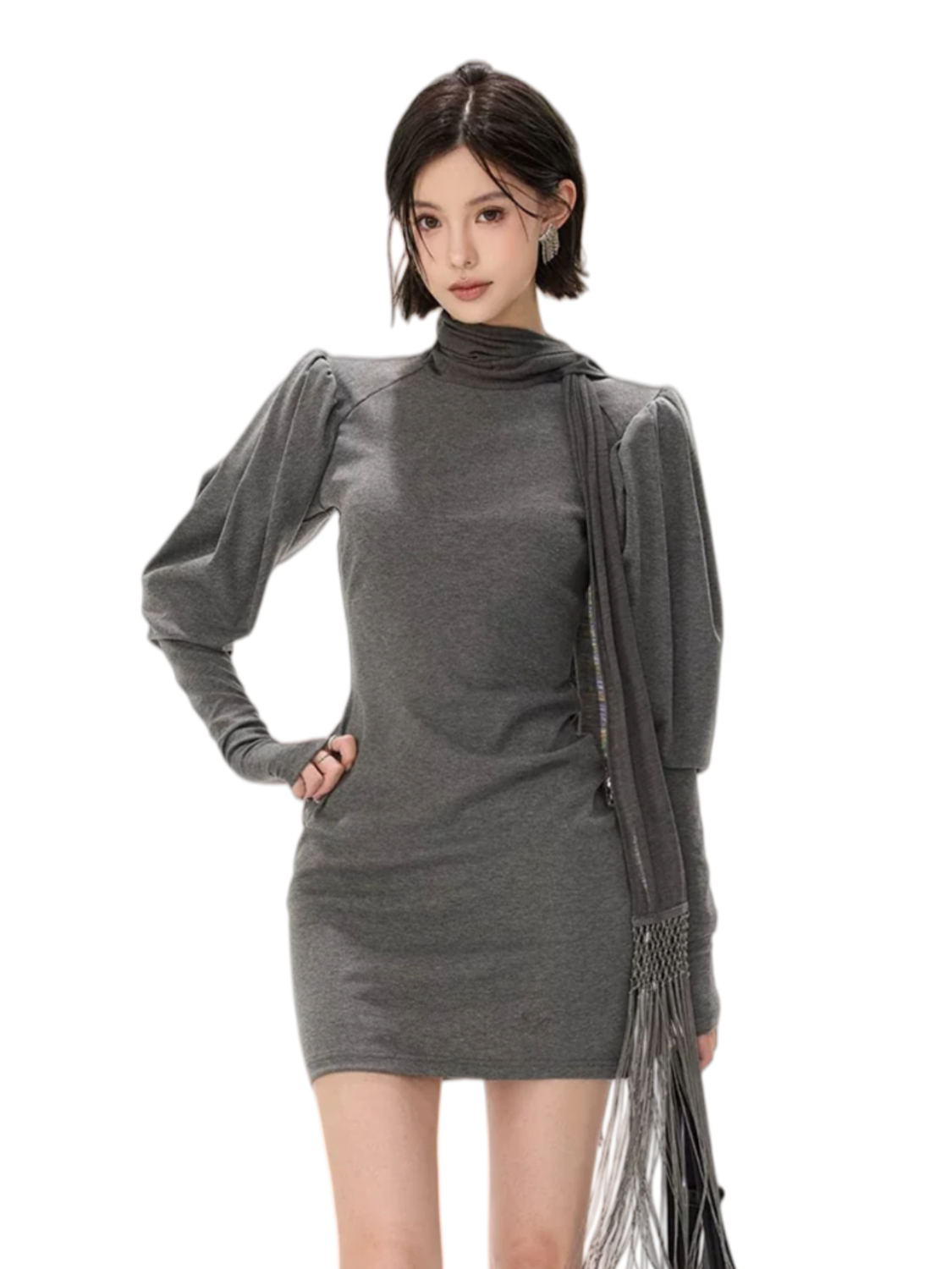 Minimalist Draped Turtleneck Knit Mini Dress with Tassel Ties