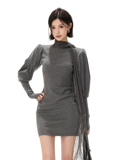 Minimalist Draped Turtleneck Knit Mini Dress with Tassel Ties