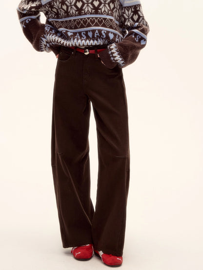 Red Belt Decor Curved-Hem Denim Wide-Leg Jeans