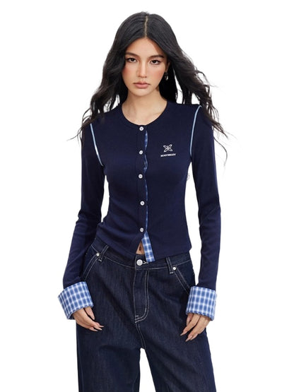 Plaid Embroidery Knit Cardigans