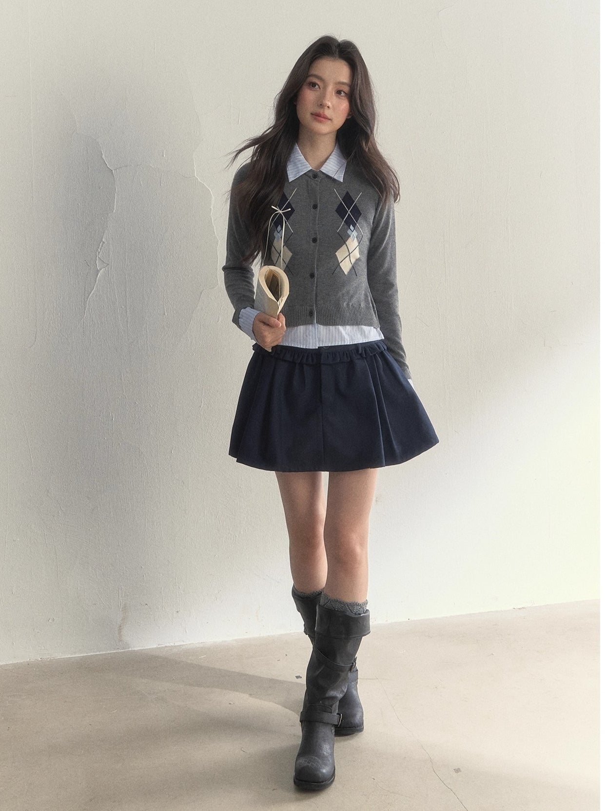 Layered Argyle Shirt Collar Knit Cardigan