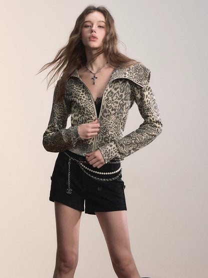 Leopard Print Street-Style Zip-up Hoodie