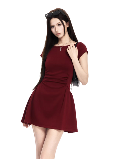 Sculpted Boat-Neck Waist-Defined Mini Dress
