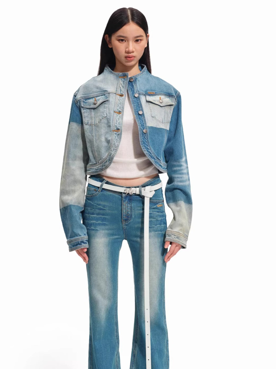 Equestrian Contrast Panel Washed Denim Jacket