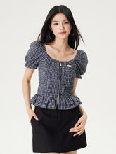 Puff Sleeve One-Word Collar Plaid Top - CHINASQUAD