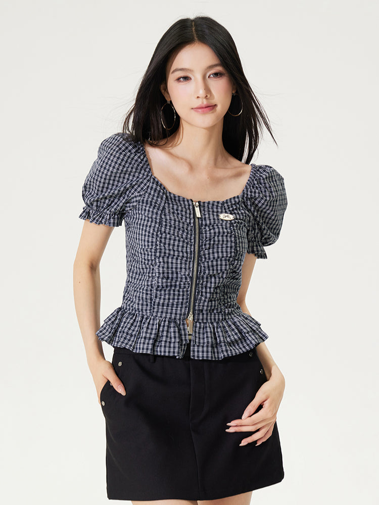 Puff Sleeve One-Word Collar Plaid Top - CHINASQUAD