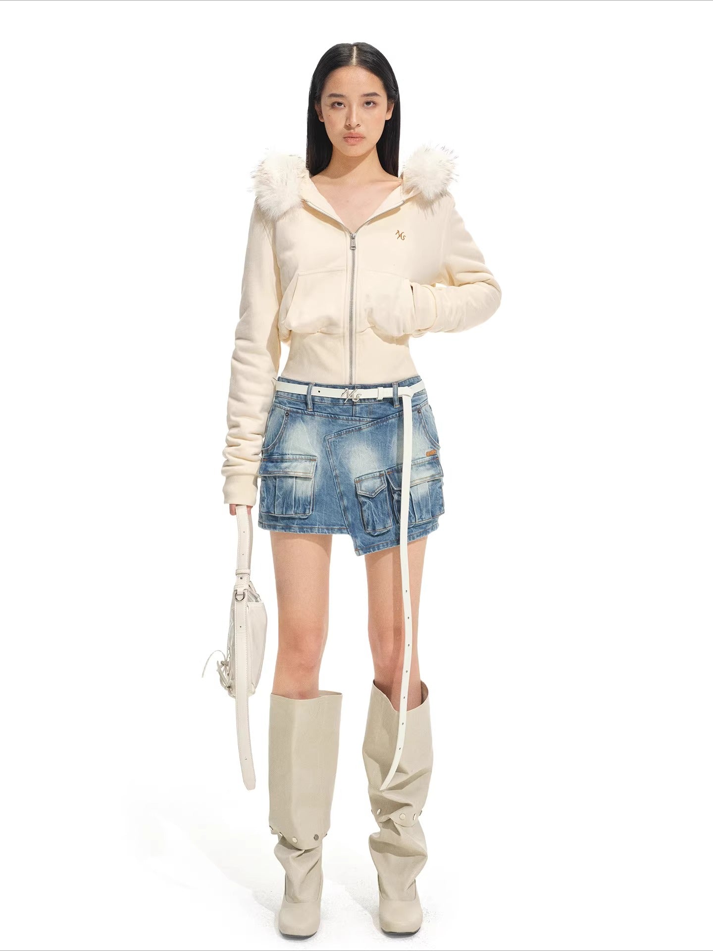 Detachable Faux Fur Collar Hooded Fitted Jacket