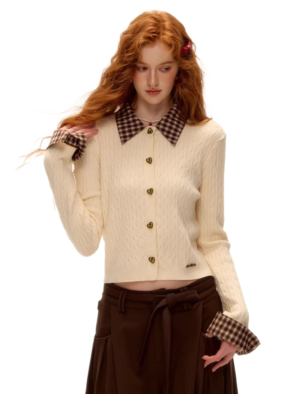 Wool Blend Plaid Patchwork Cable Knit Cardigan