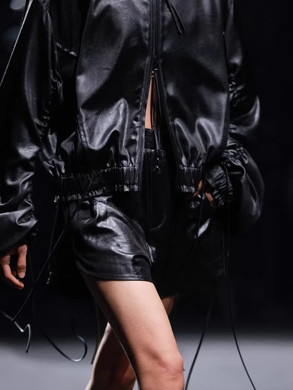 Leather-Texture Athletic Zip Jacket