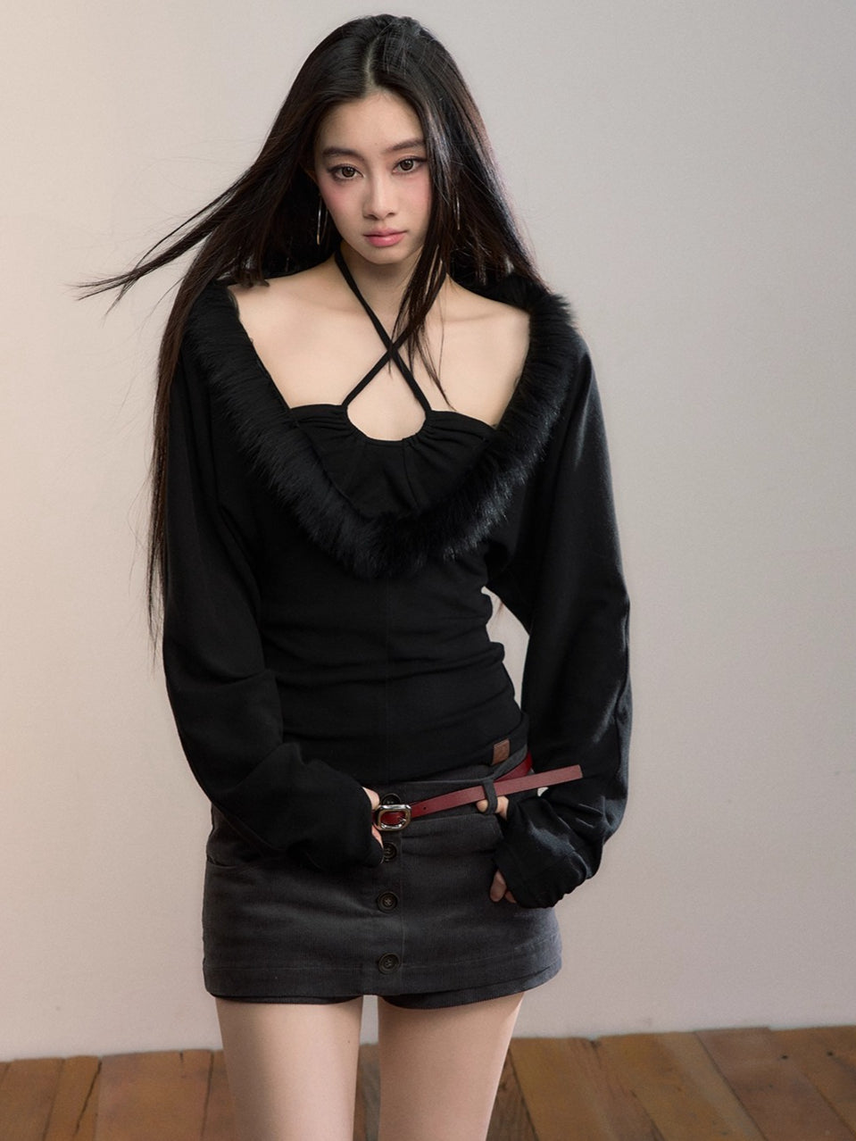 Fox Fur Panel Layered Knit V-neck
