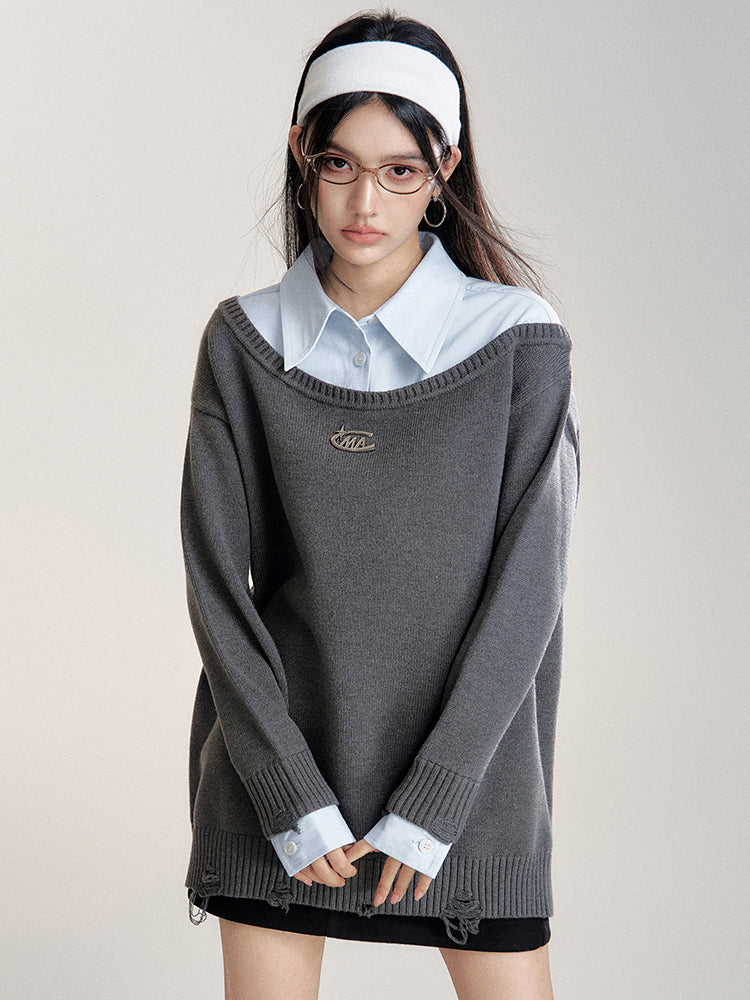 Shirt-Panel Asymmetric Knit Sweater