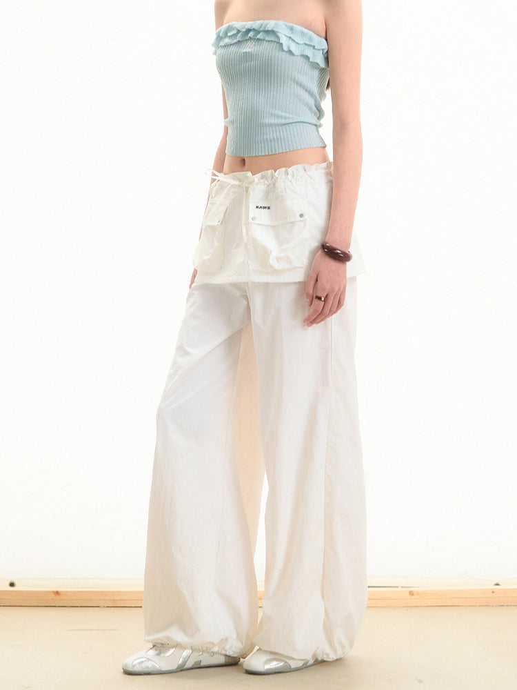 Faux Two-Piece Low-Waist Loose Drawstring Pants