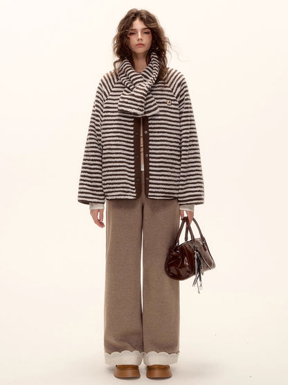 Embroidered Hem Wool Blend Wide-Leg Trousers