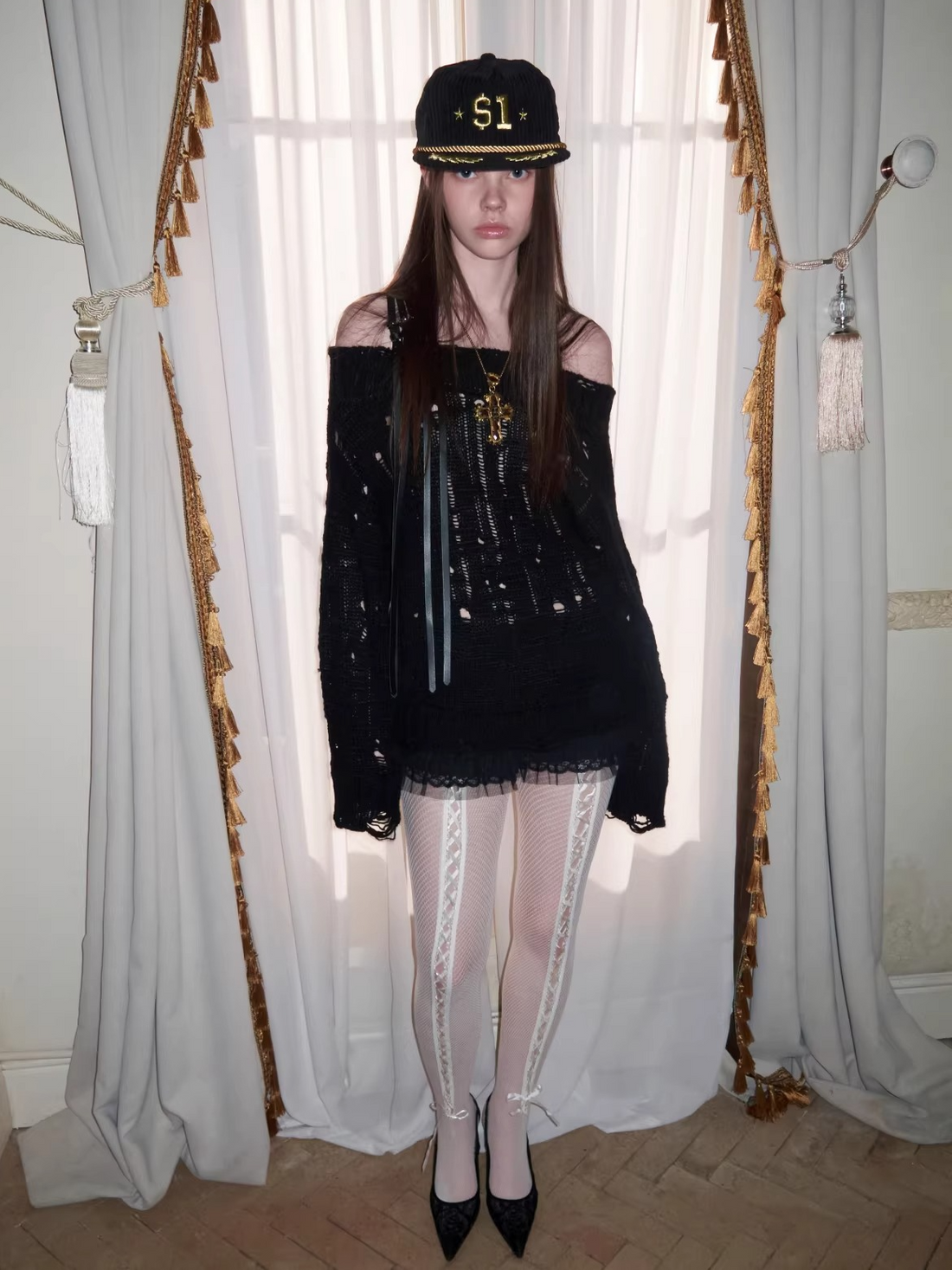 Off-Shoulder Belt Distressed Cable Knit Sweater