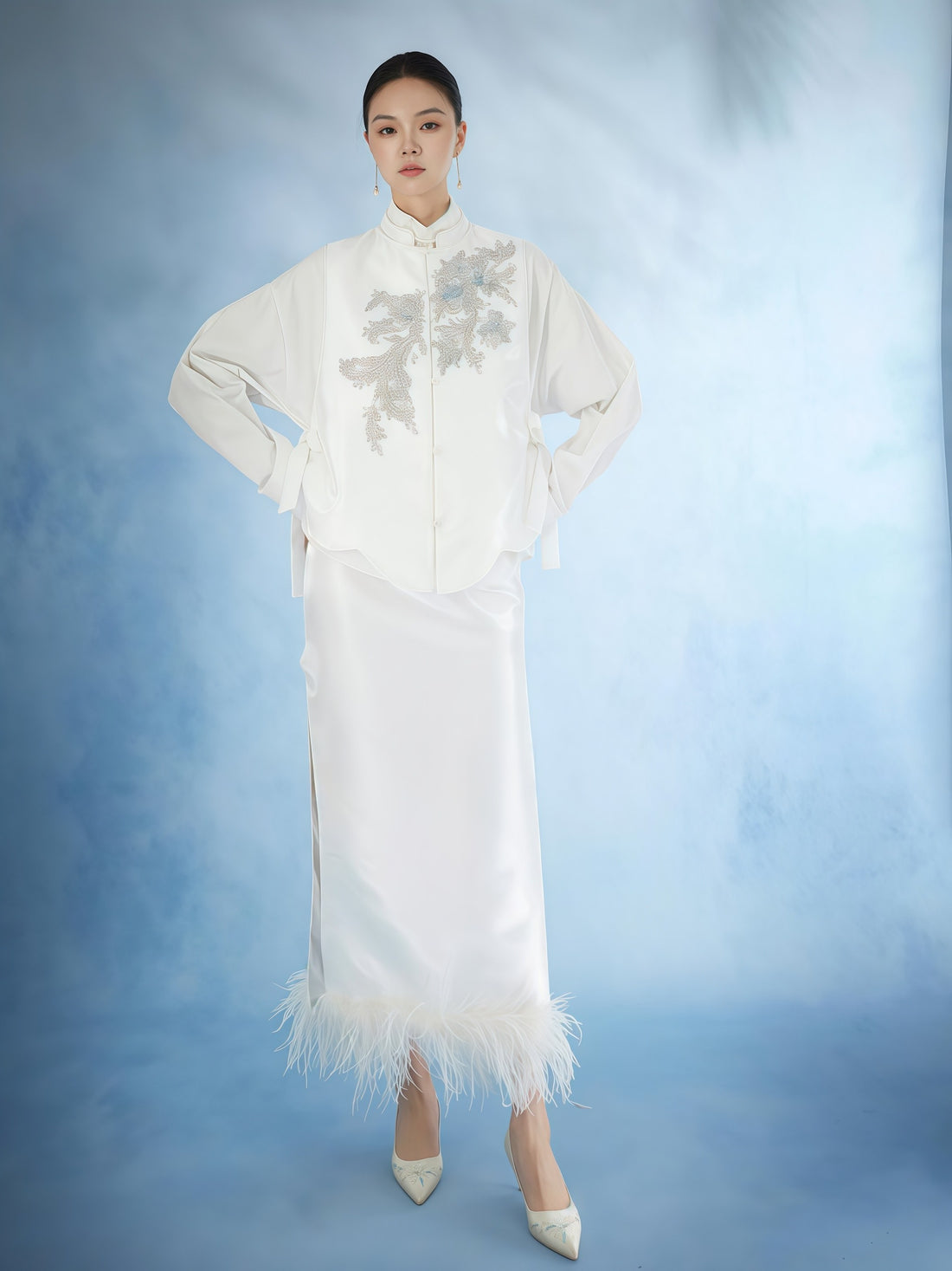 Ivory Embroidered Mandarin Collar Feather Hem Set