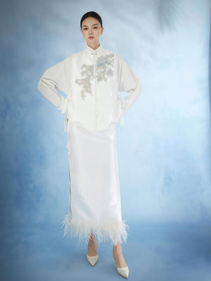Ivory Embroidered Mandarin Collar Feather Hem Set