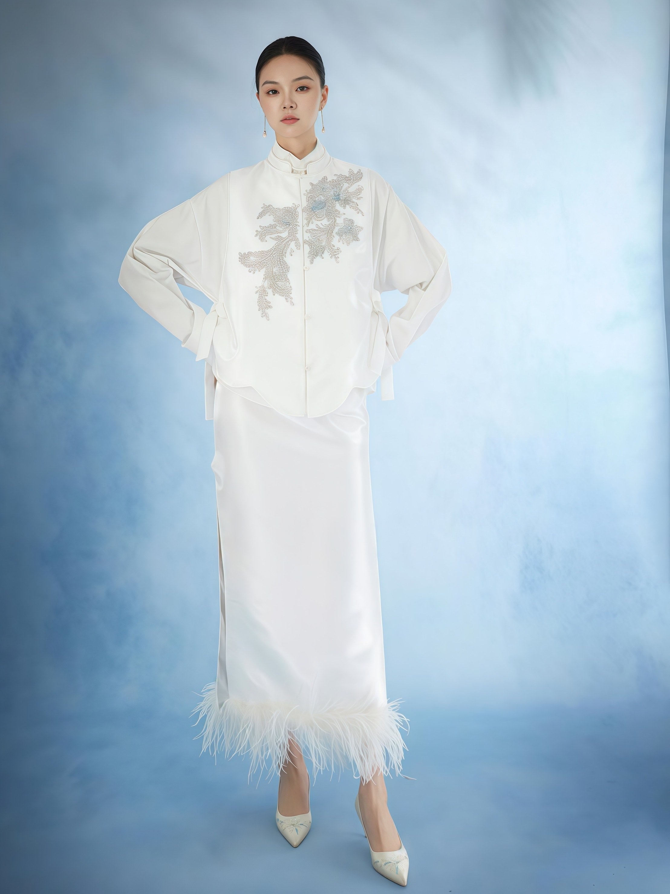 Ivory Embroidered Mandarin Collar Feather Hem Set