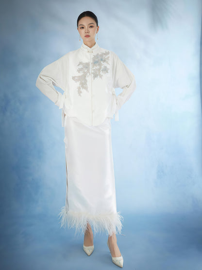 Ivory Embroidered Mandarin Collar Feather Hem Set