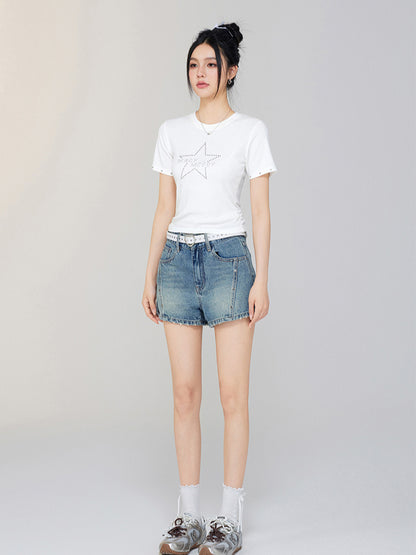 Star Rhinestone Letter Shoulder Tee