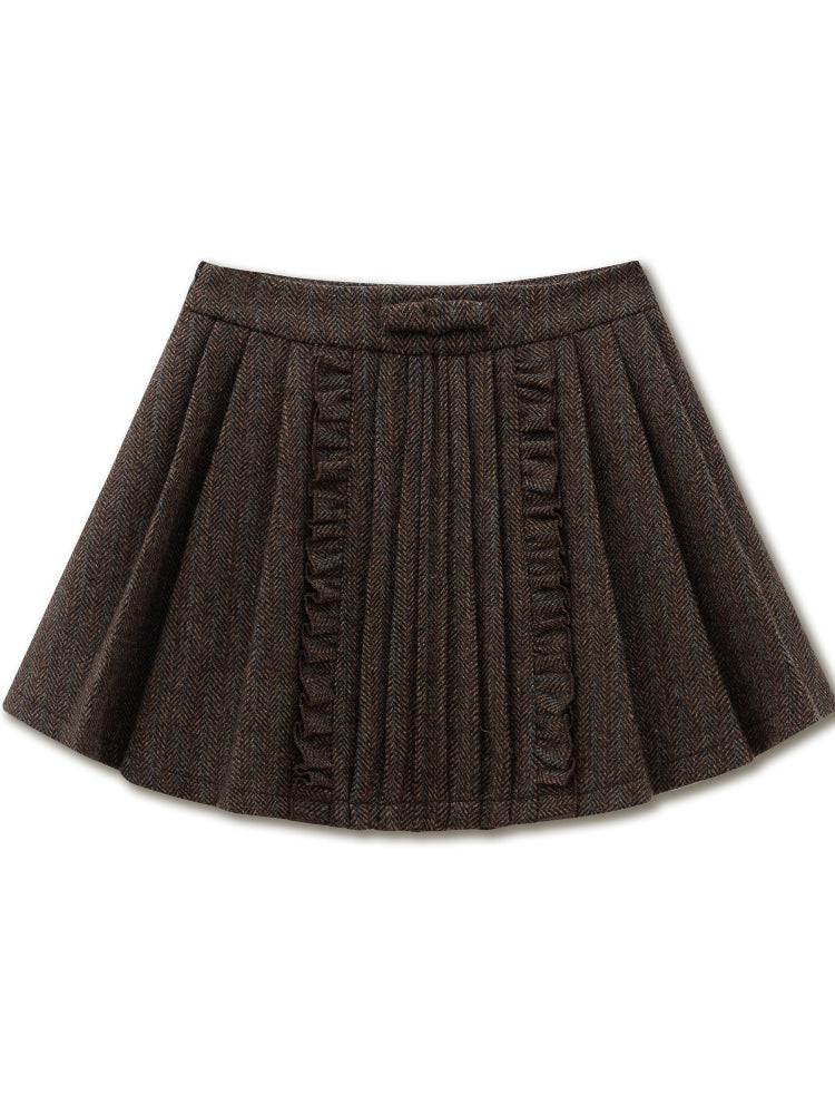 Wool-Blend Wooden Ear Detail Pleated Skirt