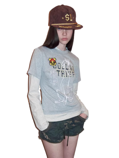 Layered Dog Print Long Sleeve Top