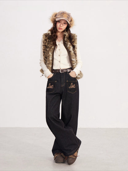 Embroidered Vintage Wide-Leg Denim Pants
