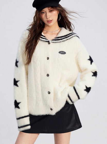 Navy-Collar Mink Plush Knit Turtleneck