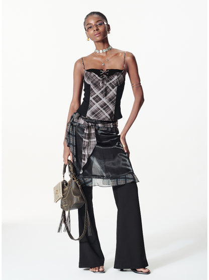Contrast Plaid Ribbon-pieced Ruffled Skort