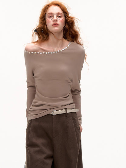 Off-Shoulder Pearl-Button Long-Sleeve T-Shirt
