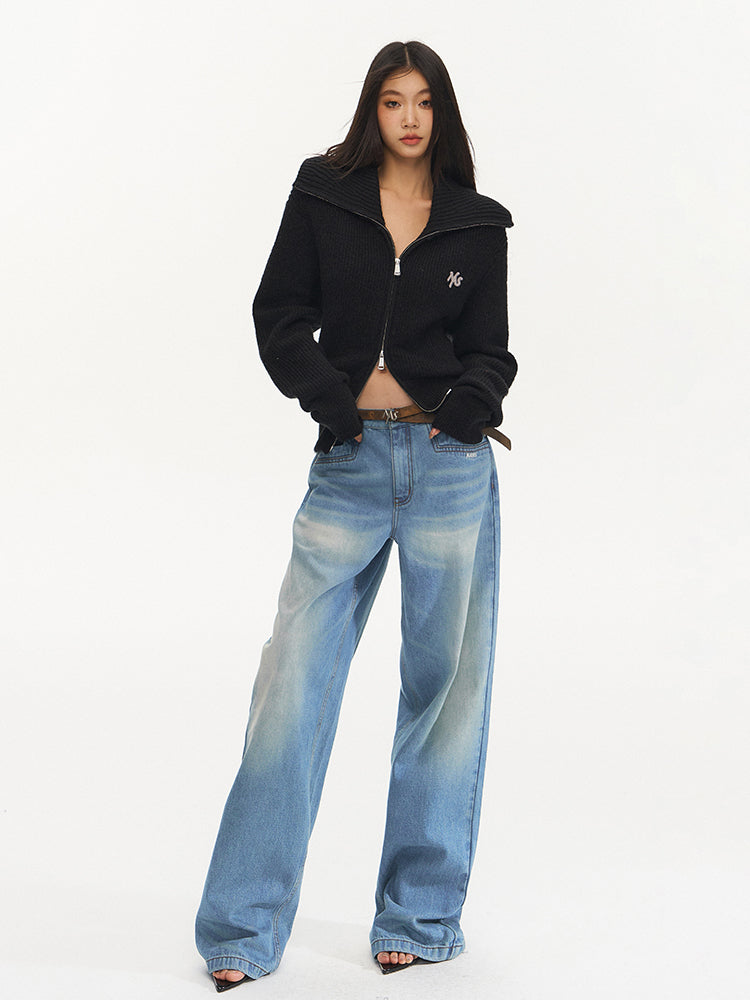 Water-Washed Low-Waist Loose Straight-Leg Pants