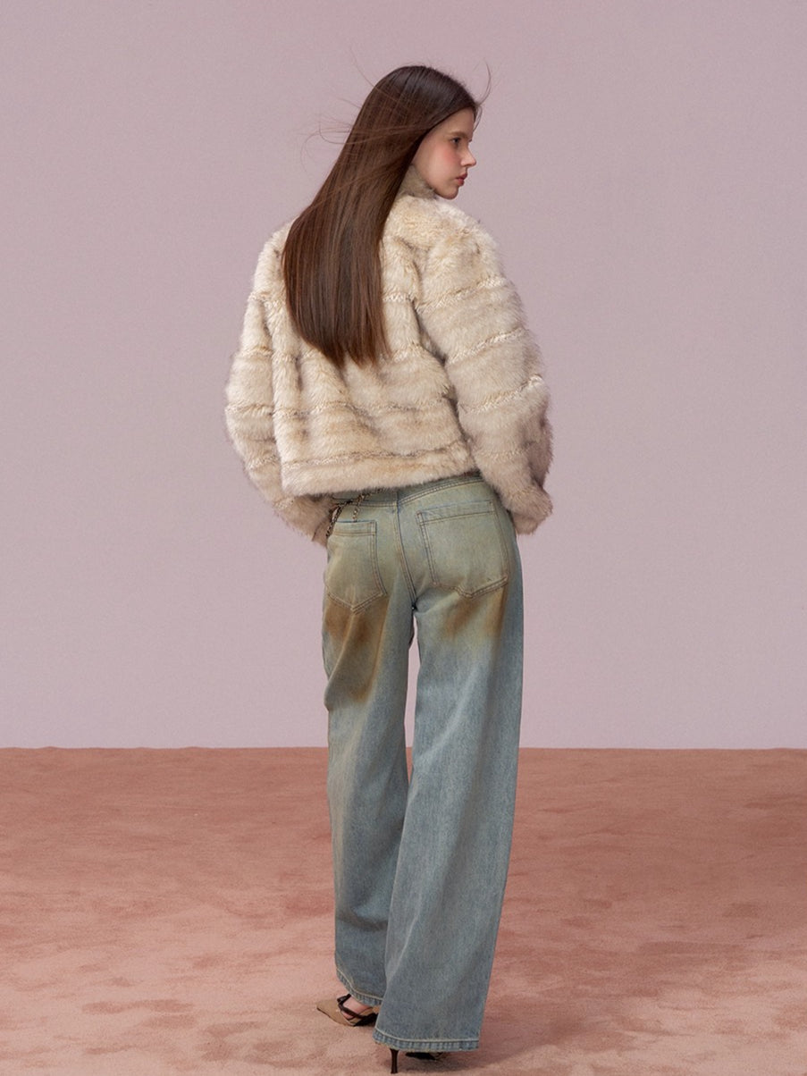 Double-Breasted Faux-Fur Short Jacket