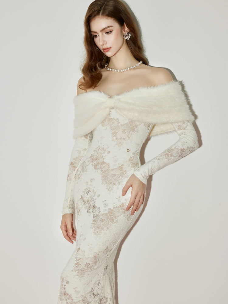 Cynthia Off-Shoulder Fur Collar Long Sleeve Lace Dress