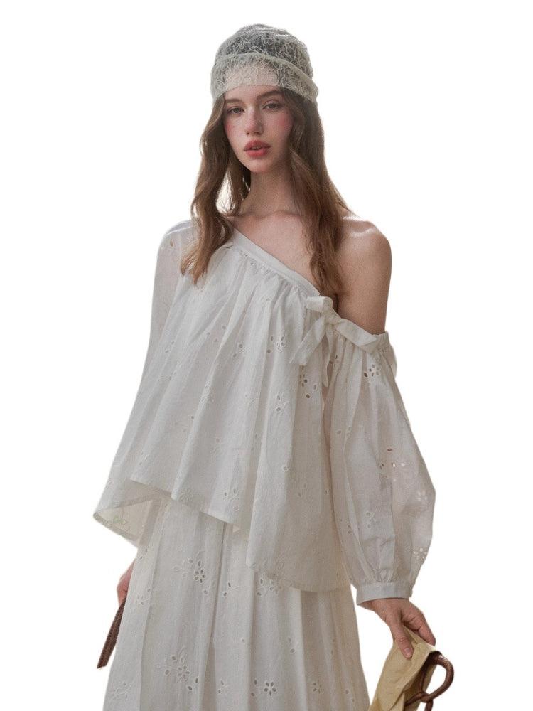 “Good Weather” Embroidered Cotton Blouse &amp; Skirt Set