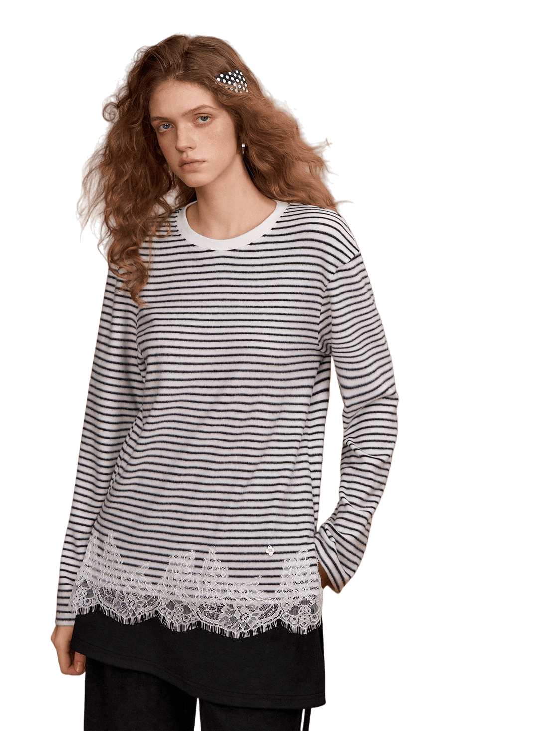 Lace-Panel Fuzzy Ribbed Long-Sleeve Tee