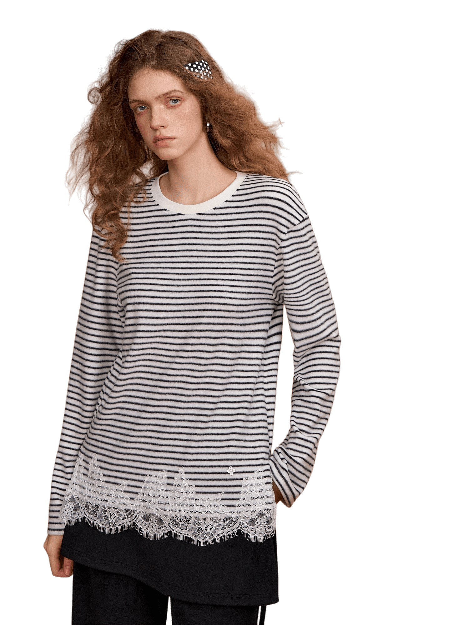Lace-Panel Fuzzy Ribbed Long-Sleeve Tee