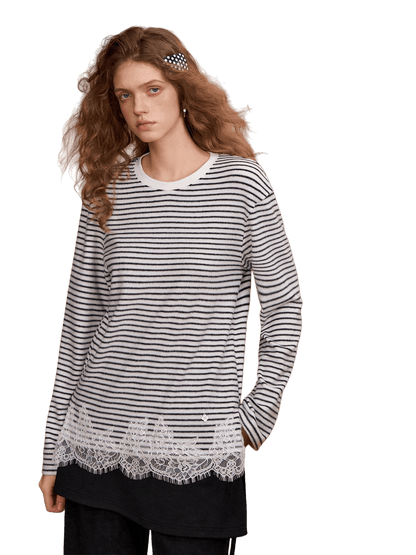 Lace-Panel Fuzzy Ribbed Long-Sleeve Tee
