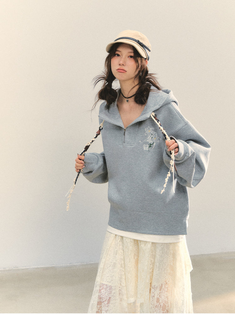 Fake Two-Piece Flower Embroidery Hat Cord Pullover Hoodie - CHINASQUAD