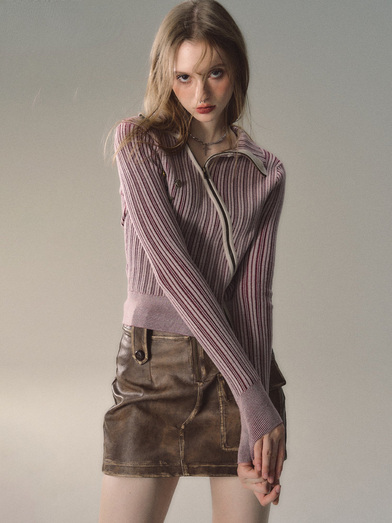 (Final Sale) Mocha &amp; Red Zipper Striped Knit Blouse - CHINASQUAD