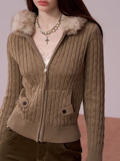 Faux-Fur Collar Cable-Knit Cardigan