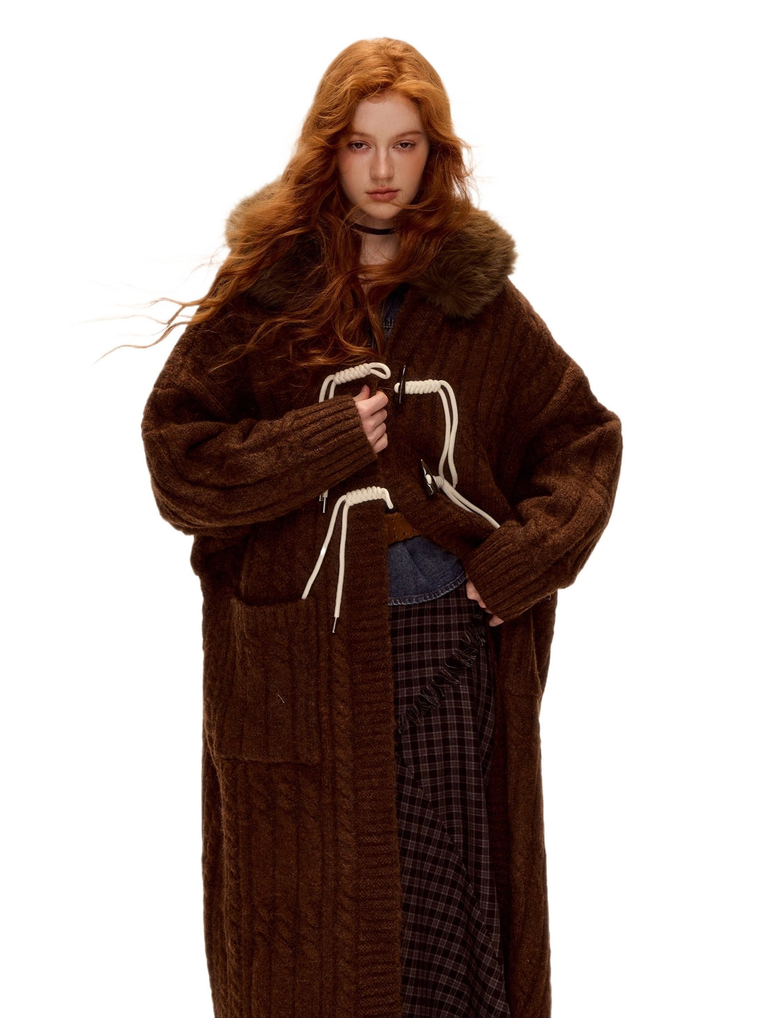 Detachable Fur Collar Cable-Knit Duffle Coat